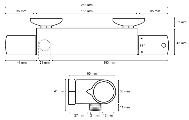 Duschthermostat technische Zeichnung